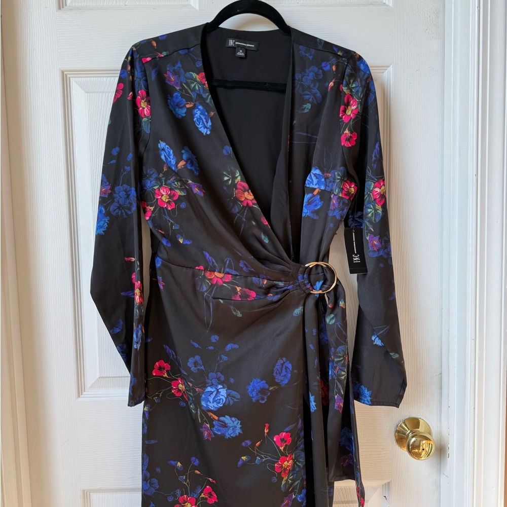 INC International Concepts Black Floral Wrap Dress